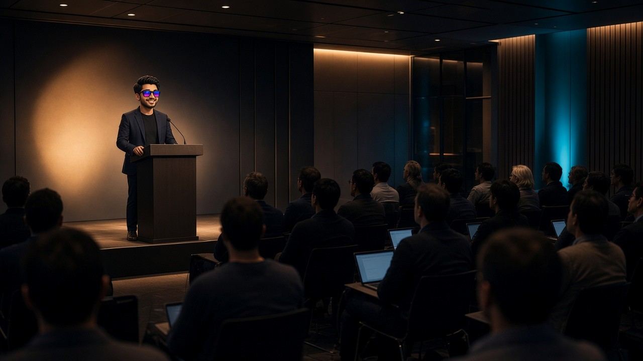 Hamidul presenting a product consultation talk to a seated audience
