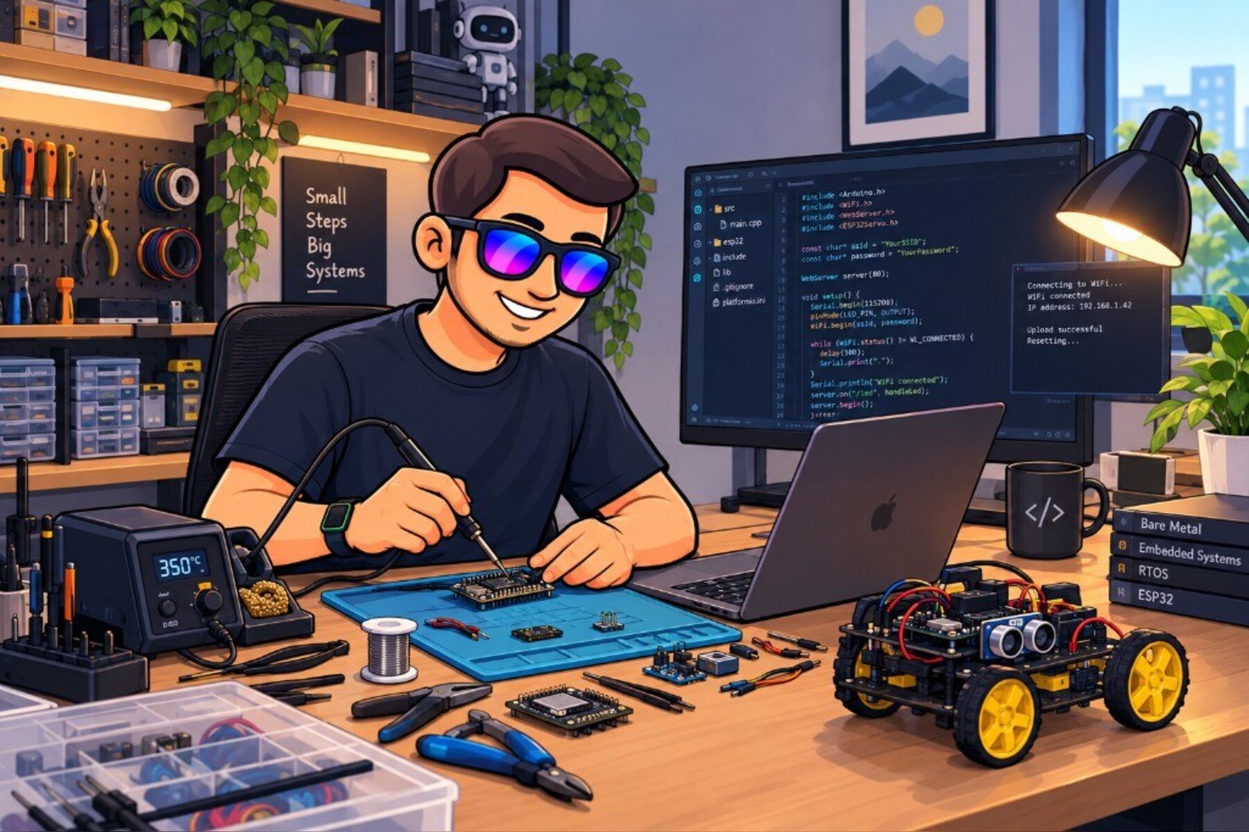 Hamidul soldering ESP32 and robotics hardware with low-level code on screen
