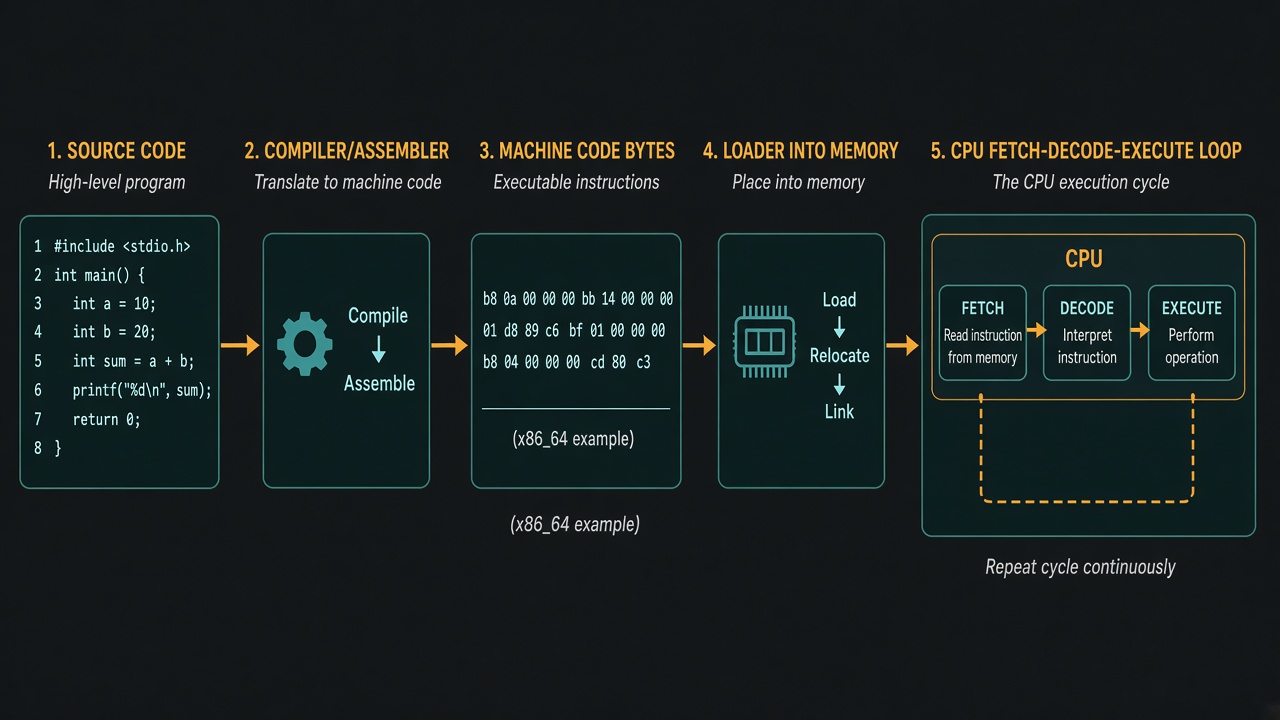 Pipeline from source code through compiler and machine code into memory and the CPU execute loop