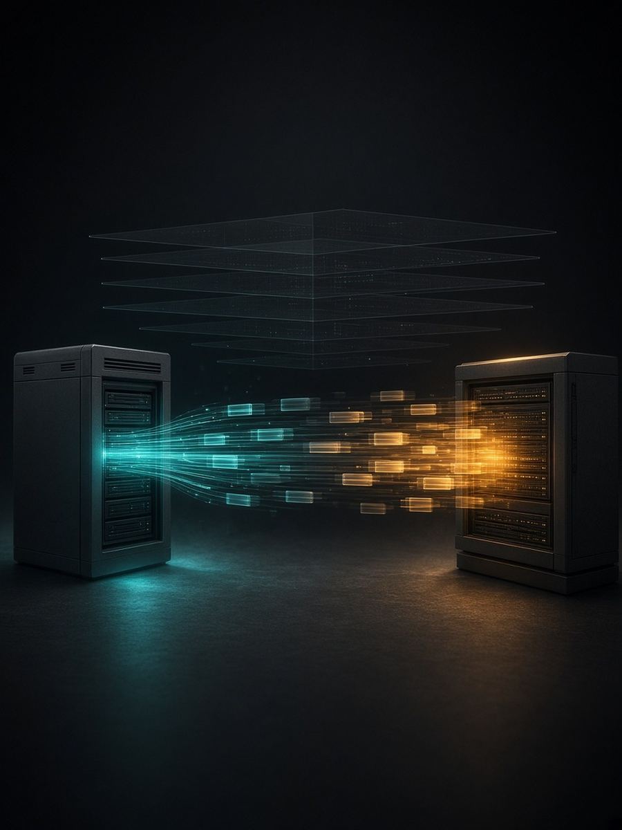 How data moves between two machines - for real production systems Abstract data packets streaming between two glowing machine nodes