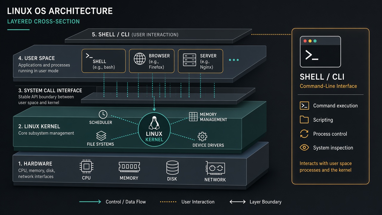 Layered Linux architecture from hardware through kernel to user-space processes and the shell