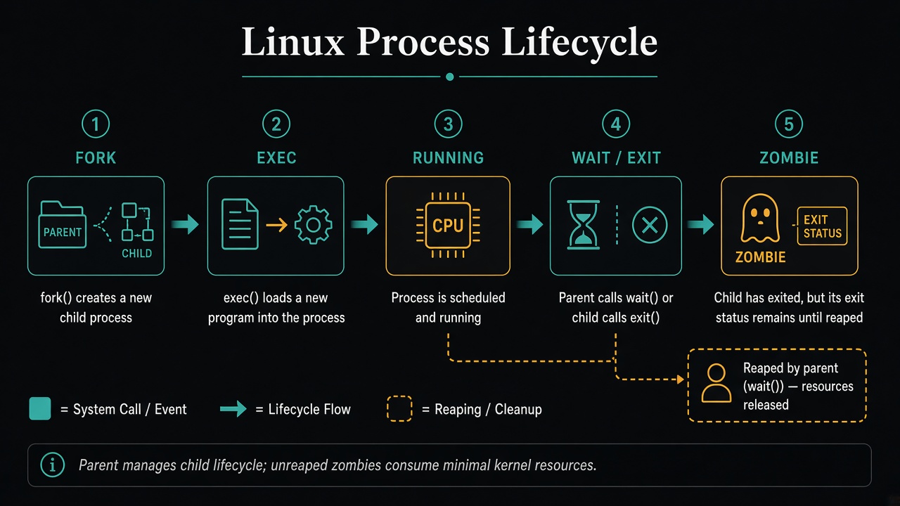 Linux process lifecycle from fork and exec through running, wait, exit, and reaping