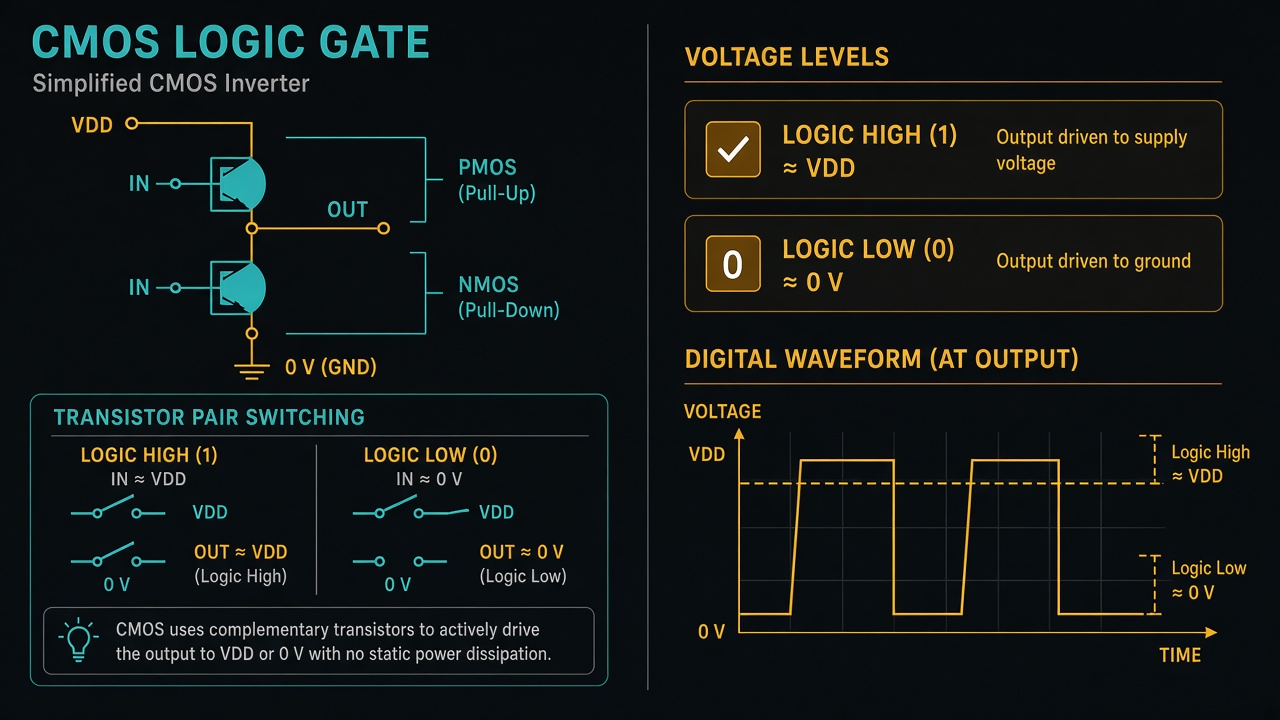CMOS switching between logic high and logic low voltages with a digital waveform