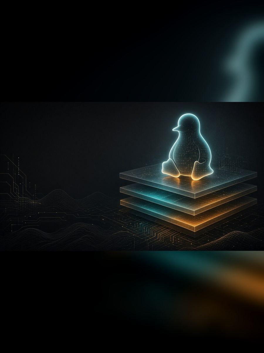 What is Linux? The operating system under the hood Abstract Linux OS stack with Tux silhouette and layered kernel planes
